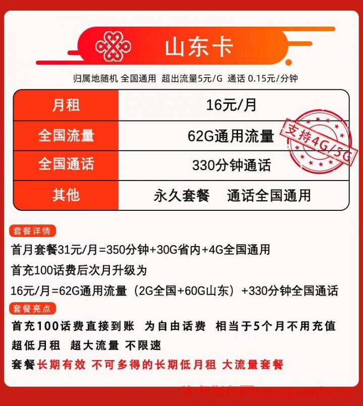 联通山东卡怎么样 16月租62G通用流量+330分钟通话