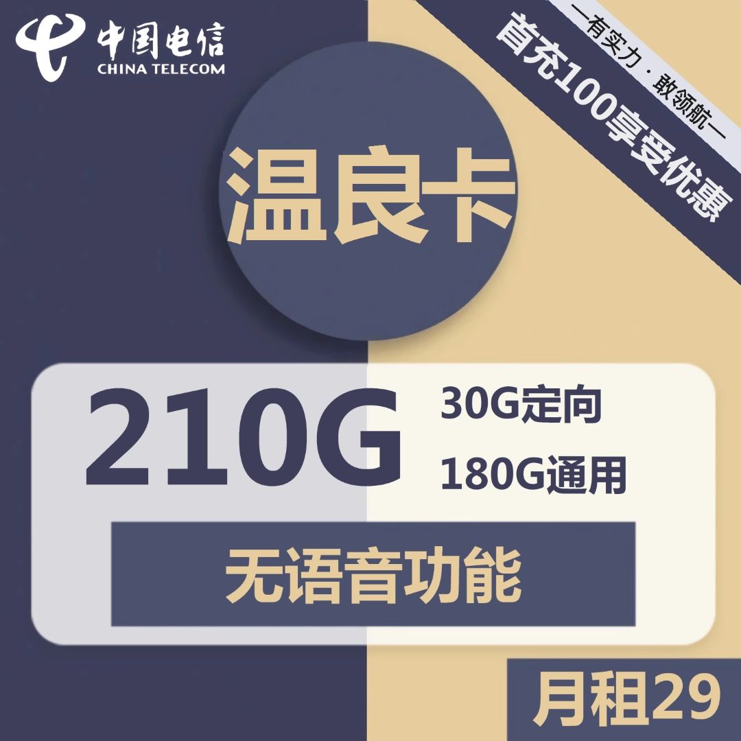 电信温良卡29元包180G全国通用流量+30G定向流量+无语音功能