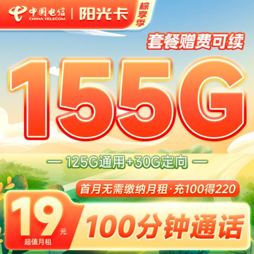 电信阳光卡 19元155G流量+100分钟通话（长期套餐）