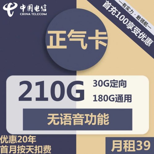 河南电信正气卡39元包180G全国通用流量+30G定向流量+无语音功能