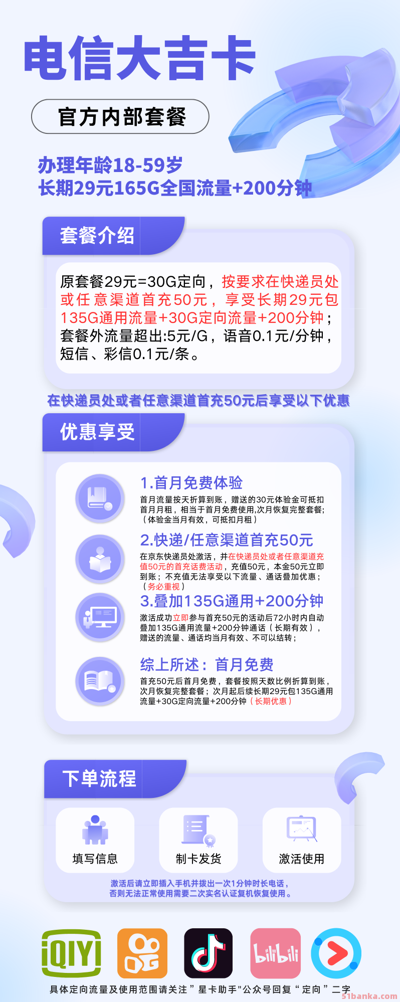 中国电信大吉卡29元165G全国流量+200分钟通话（长期套餐无合约）