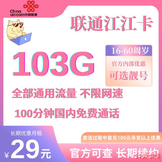 联通江江卡29元包103G通用流量+100分钟通话 支持在线选号办理