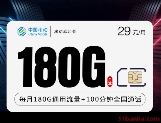 中国移动沧北卡 29元180G流量100分钟通话