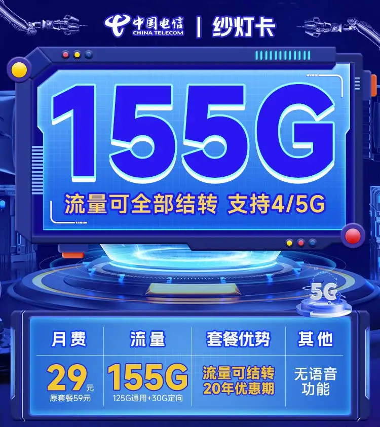 电信纱灯卡29元155G全国流量|流量支持结转|支持4G/5G|可开热点